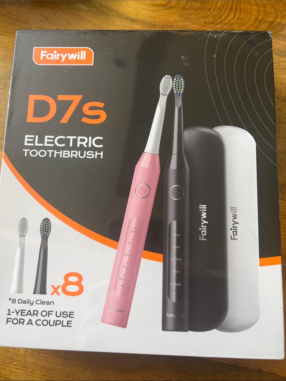 Fairywill Set of 2—D7s Electric Toothbrush - Pink & Black 8 replacement heads